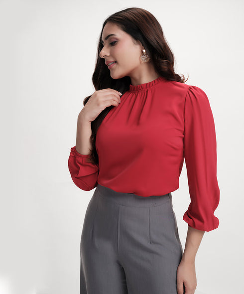 Chiffon Lantern Sleeve Detailed Neck Red Top